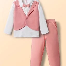 Babyhug Knit Full Sleeves Solid T-Shirt & Pant Set with Attached Waistcoat & Bow Applique - Pink-picture-31