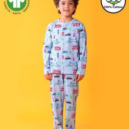 Anthrilo 100% Cotton Knit Full Sleeves Vehicles Printed Coordinating Night Suit Set - Sky Blue-image-76