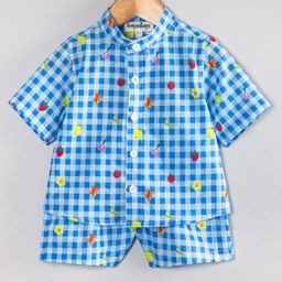 Hugsntugs Cottton Woven Half Sleeves Checked & Butterfly Printed Coordinating Mandarin Collar Shirt & Shorts Set - Blue-image-84