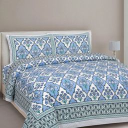 INDHOME LIFE White & Blue Ethnic Motifs 210 TC King Bedsheet with 2 Pillow Covers-image-72
