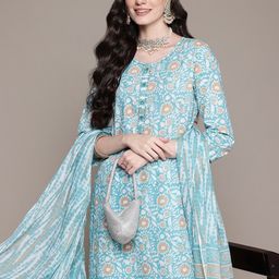 Readiprint Fashions Floral Printed Sequinned Pure Cotton Kurta With Trousers & Dupatta-image-24