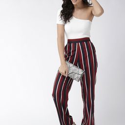 Style Quotient Women Maroon & Navy Blue Original Straight Fit Striped Parallel Trousers-92