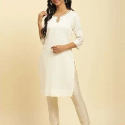 W Beige Cotton Printed Straight Kurta-image-61