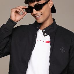WROGN Solid Stand-Collar Pure Cotton Bomber Jacket-image-6