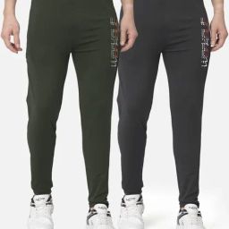 Bullmer Olive & Dark Grey Cotton Slim Fit Printed Sports Trackpants- Pack Of 2-image-82