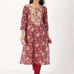 Saffron Threads Wine Cotton Printed Straight Kurta-image-57