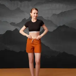 CMGE Brown Polyester Solid Mid Rise Shorts-picture-33