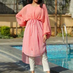 Juniper Peach Stripes Printed Georgette High-Low Tunic & Inner With Drawstring At Waist-image-2