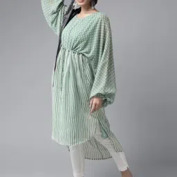 Juniper Sage Green Stripes Printed Georgette High-Low Tunic & Inner With Drawstring At Waist-picture-8