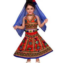 Ahhaaaa Kids Red & Blue Embroidered Choli, Lehenga with Dupatta-16
