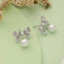 Aatmana Silver-Toned & Rhodium-Plated CZ Bow-Shaped Pearl Drop Earrings-44