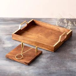 Nestroots Brown Wood Serving Tray and Napkin Holder Set-31