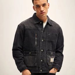 The Bear House Black Cotton Regular Fit Denim Jacket-image-62