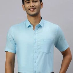 Ramraj Blue Cotton Regular Fit Solid Shirt-image-81