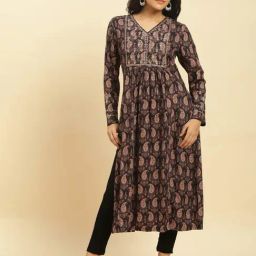 W Black Printed A Line Kurta-image-75