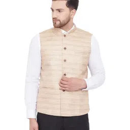 VASTRAMAY Beige Regular Fit Self Pattern Nehru Jacket image 1