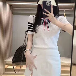 KPOP Women Shirt Collar Short Sleeves Horizontal Striped Top-image-94