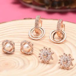 Zaveri Pearls Combo of 3 Rose Gold Cubic Zirconia & Pearls Brass Stud & Drop Earrings-ZPFK10858-6