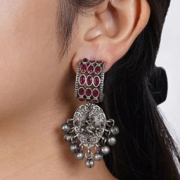 Teejh Zainaz Silver Oxidized Stone Earrings-image-57