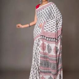 Unnati Silks White & Black Cotton Printed Saree With Unstitched Blouse-image-46