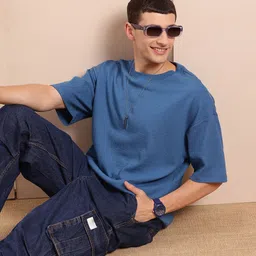 Mast & Harbour Drop-Shoulder Sleeves Textured T-shirt-image-46