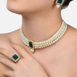 Zaveri Pearls Green Stones Multistrand Pearls Choker Necklace Earring & Ring Set-ZPFK10845-image-53