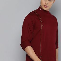 The Indian Garage Co Men Maroon Solid Pure Cotton Assymetric Hem Angrakha Kurta-picture-19