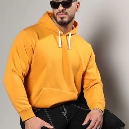 Instafab Plus Mustard Yellow Cotton Regular Fit Plus Size Hooded Sweatshirt-image-31