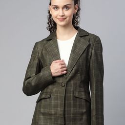 PowerSutra Women Green Checked Single-Breasted Blazer-10