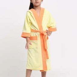Creeva Melodious Yellow & Orange Micro Terry 225 GSM Kids Hooded Bathrobe 4-5 Years With Pocket-image-96