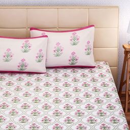 SEJ by Nisha Gupta White, Green & Pink Cotton 180 TC Double King Bedsheet with 2 Pillow Covers-image-59
