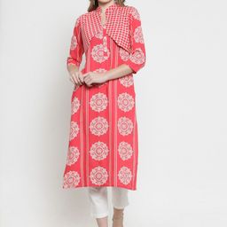 Indibelle Women Pink & Off-White Printed Kurta with Trousers-picture-2