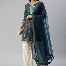 SheWill Women Teal Bandhani Printed Panelled Gotta Patti Kurta with Palazzos & Dupatta-6