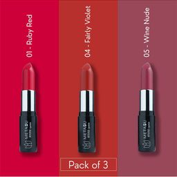 METABU Set Of 3 Intense colors Moisture Matte Bullet Lipsticks-4.2 g Each - 01 - 04 - 05-22