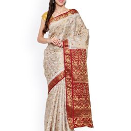 MIMOSA Off-White & Maroon Kanjeevaram Art Silk Traditional Saree-image-1