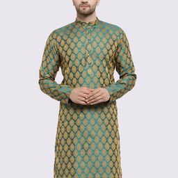 Jompers Men Green & Gold-Toned Woven Design Straight Kurta-24