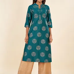RANGMANCH BY PANTALOONS Ethnic Motifs Woven Design Mandarin Collar Zari Kurta-picture-0