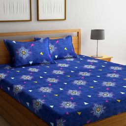 Aura Blue & White Ethnic Motifs Printed 300 TC King Bedsheet Set 2.55 m x 2.25 m-image-43
