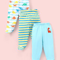 Babyhug Cotton Footed Bootie Leggings Striped & Dino Print Pack of 3 - Blue-picture-17