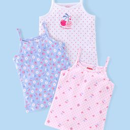 Babyhug 100% Cotton Sleeveless Slips Cherry & Floral Print Pack of 3- Pink Blue & White-image-22