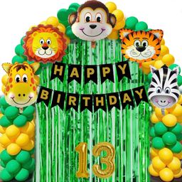 Bubble Trouble 13 Year Jungle Theme Birthday Decoration Kit Boys Green Yellow Animal Face Foil Balloon Green Birthday Backdrop Foil Curtain Jungle Theme Banner Items - 37 Pcs-14