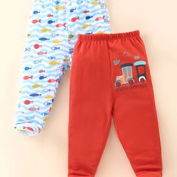 OHMS Cotton Jersey Footed Length Bootie Leggings Fish Print Pack of 2 - Red & Blue-image-50