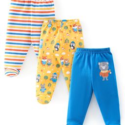 Babyhug Cotton Knit Footed Bootie Leggings Striped Pack of 3 - Blue & Yellow-image-24