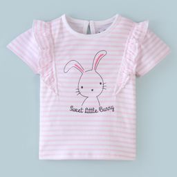 Doodle Poodle 100% Cotton Half Sleeves T-Shirt  with Frill Detailing Striped & Bunny   Print -Bright white-image-17