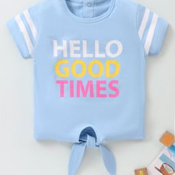 Kookie Kids Half Sleeves Striped & Text Printed Top with Knot Detailing - Blue-image-22