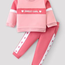 ToffyHouse Cotton Knit Full Sleeves T-Shirt & Lounge Pants Set With Text & Hearts Print - Pink-picture-42