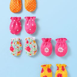 Babyhug Interlock Knit Mittens With Floral & Polka Dot Print Pack of 5 - Orange Dark Pink & Yellow-picture-3