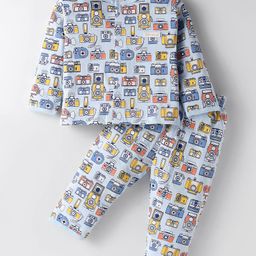 ToffyHouse 100% Cotton Knit Full Sleeves Front Open Night Suit With Camera Print - Light Blue-picture-10