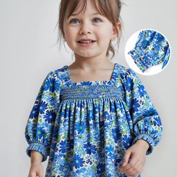 Babyhug Rayon Woven Full Sleeves Top With Smocking Detailing &  Floral Print - Blue-image-22
