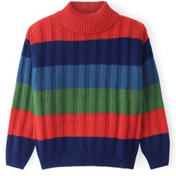 Pine Kids Knitted Full Sleeves Turtle Neck Pullover Sweater with Stripes & Cable Knit Design - Red-image-97